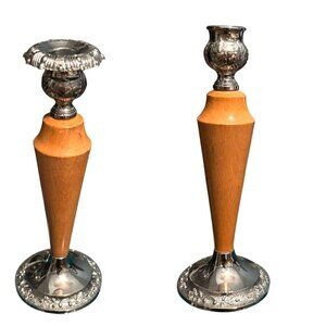 Pair Of Vintage English Silver Plate & Wood 8" Tall Candle Holders